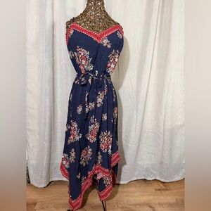 NWT! Floral Navy and Red Women's Handkerchief Hem Dress, Size XL